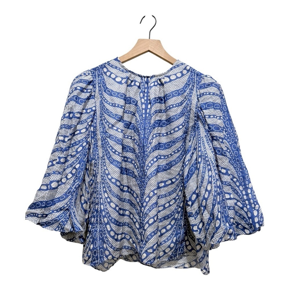 Marie Oliver Blue & White Linen Blend Puff Sleeve Blouse Top Size 1